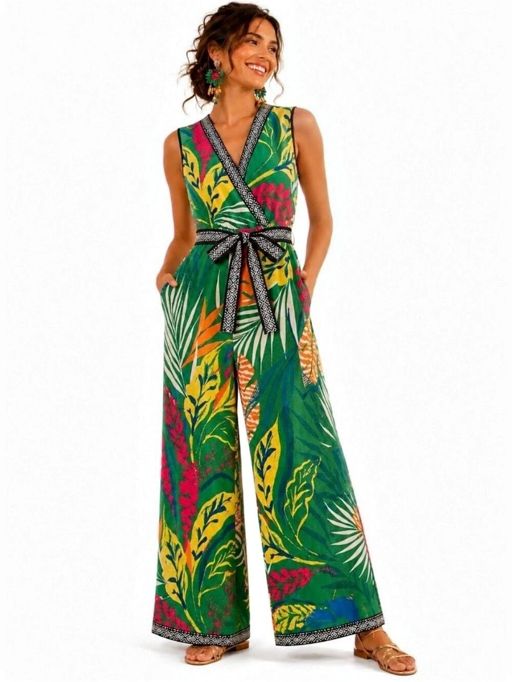 Flying Tomato Floral Wide Leg Jumpsuit in Green, Pink & Yellow Size Medium NWT